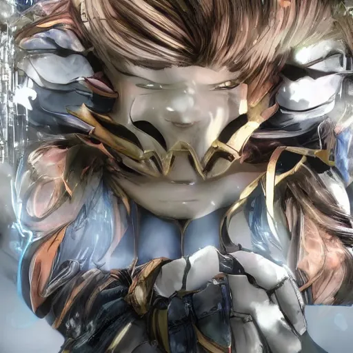 Image similar to focus face portrait of beautiful darkness knight 3D anime girl, golden armor wearing, dark forest background, snowing, bokeh, inspired by Masami Kurumada, digital painting, high contrast, unreal engine render, volumetric lighting, high détail