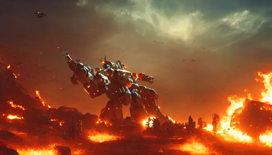 Image similar to Cinematic view of a battlefield with troops firing at giant mecha with missiles, explosions, ashes on the field and fire in the background, hyperdetailed, artstation, cgsociety, 8k