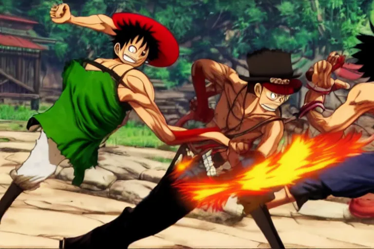 Image similar to Monkey D. Luffy and Roronoa Zoro fighting in Street Fighter V (2016)