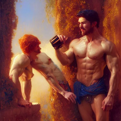 Image similar to attractive muscular mike with ginger hair with muscular attractive tyler with brunet hair, drinking their hearts out, in their noble mansion. very defined and highly detailed painting by gaston bussiere, craig mullins, j. c. leyendecker 8 k