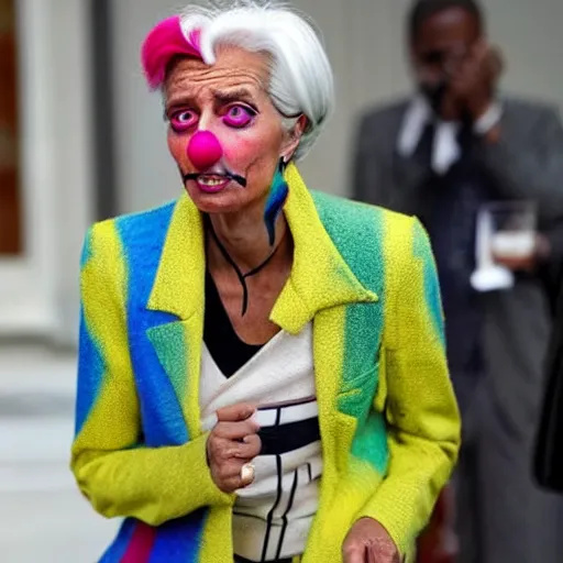 Image similar to Christine Lagarde with colorful clown makeup all over his face