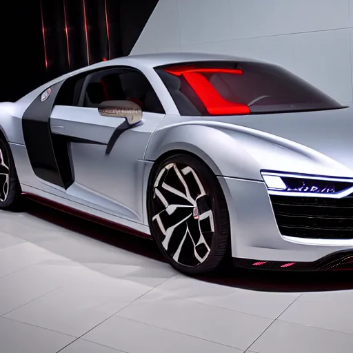 Image similar to volkswagen ID :: audi r8 :: vision gran turismo :: concept supercar in a grey showroom :: studio lighting reflecting on the car's paint