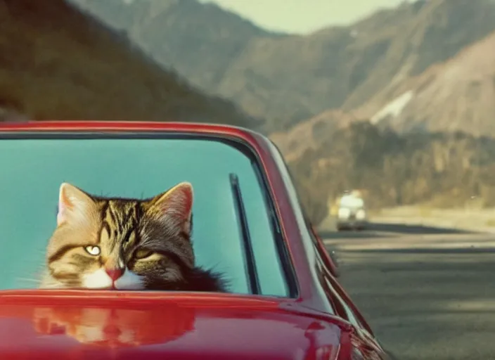 Image similar to A very high resolution image from a new movie, a cat driging around, inside of a car , mountains, Polaroid, directed by wes anderson