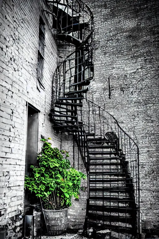 Prompt: small overgrown urban garden at twilight in Montreal backalley, brick wall, metal spiral staircase, overcast sky, moonlight, volumetric lighting, cell-shading, blue and black color scheme