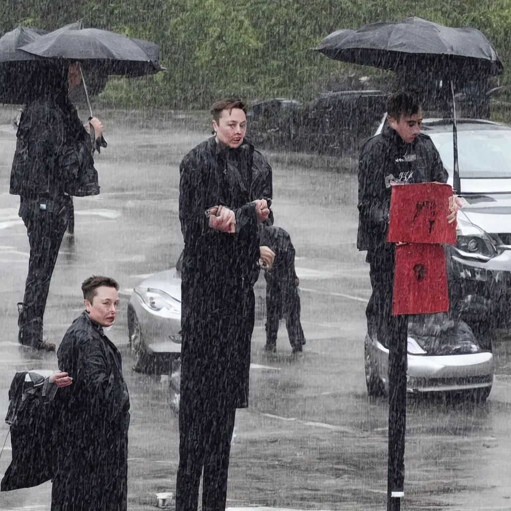 Prompt: a picture of elon musk sitting in the rain begging for money, depressing photograph, elon musk is sad,