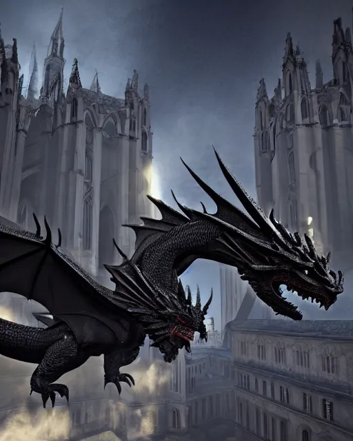 Prompt: a dragon perches atop a cathedral, menacing black dragon, cinematic, volumetric lighting, physically based render