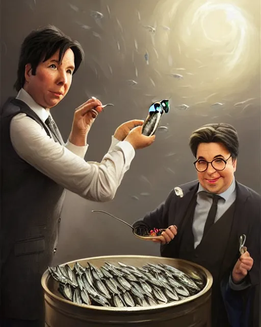 Image similar to j k rowling & michael mcintyre holding a ring pull can of sardines, elegant, real life skin, intricate, high detailed, artstation, concept art, smooth, sharp focus, art by artgerm and greg rutkowski