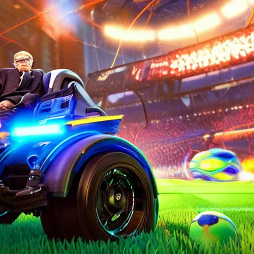 Prompt: stephen hawking in rocketleague, splash art, movie still, detailed face, photorealistic facial features, cinematic lighting, dramatic, octane render, long lens, shallow depth of field, bokeh, anamorphic lens flare, 8 k, hyper detailed, 3 5 mm film grain