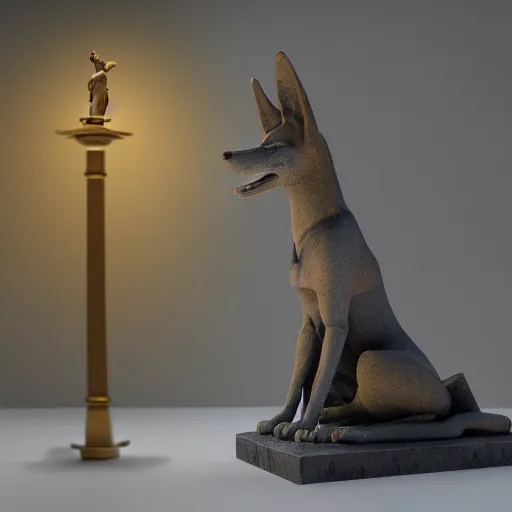 Prompt: ancient statue of Anubis the jackal god, seated at attention on a plinth, octane render, studio lighting