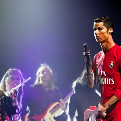 Prompt: Cristiano Ronaldo white as a rock band member performing live, Stage Photography