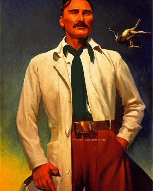 Image similar to Errol Flynn as a scientist. 1980s dystopian Soviet Russia, propaganda screens. Fantasy art by Gustave Courbet, Rosa Bonheur, Edward Hopper. Faithfully depicted facial expression, perfect anatomy, sharp focus, global illumination, radiant light, detailed and intricate environment, trending on ArtStation