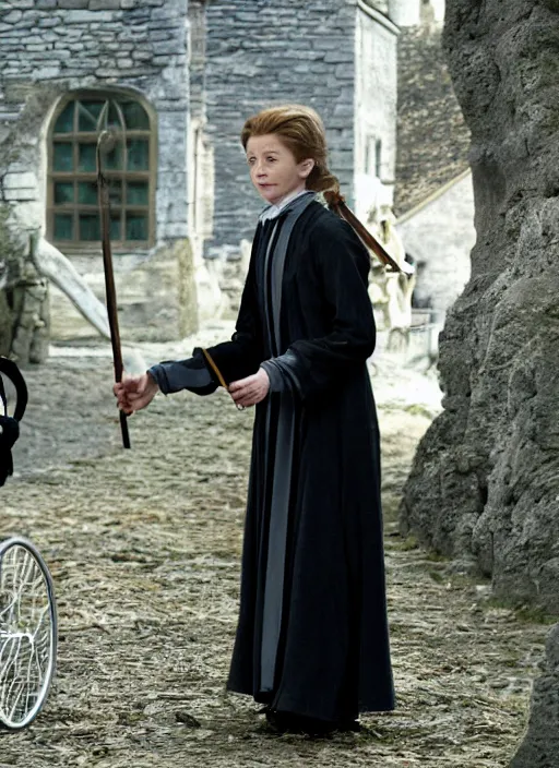 Prompt: film still of Nanny McPhee as Professor Minerva McGonagall in Harry Potter, 4k