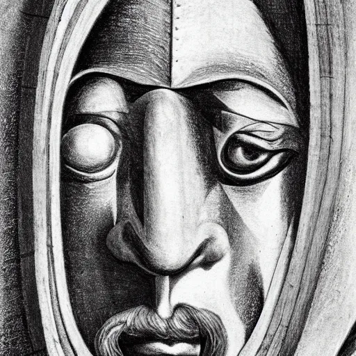 Image similar to Close-up of Don Quixote, pencil drawing. El Greco, Remedios Varo, Salvador Dali, Carl Gustav Carus, John Atkinson Grimshaw. Blue tint. Symetrical, logo, geometric shapes.