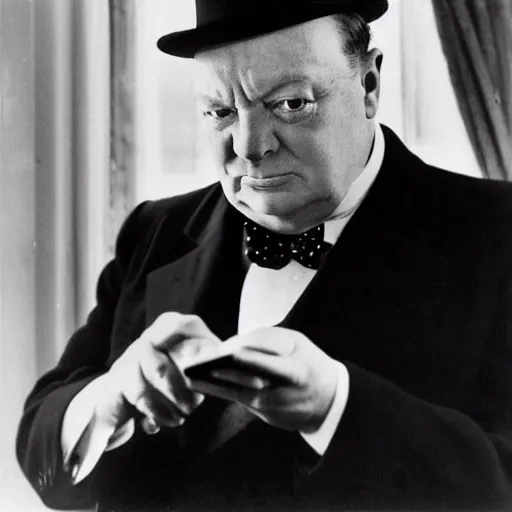 Image similar to A black and white photograph, circa 1940s, of Winston Churchill looking down at his smartphone