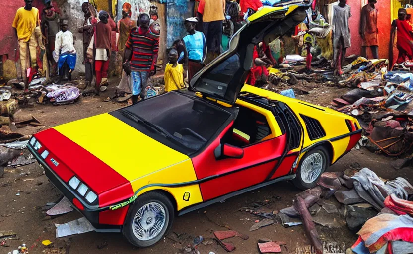 Image similar to a red and yellow delorean in ajegunle slums of lagos - nigeria, magazine collage, masterpiece,