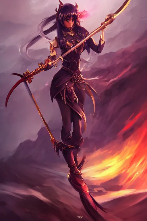 Image similar to female anthro dragon warrior wielding a demon scythe in the style of Artgerm, WLOP, Rossdraws, trending on artstation, pixiv, Deviantart, HD, golden ratio, rule of thirds