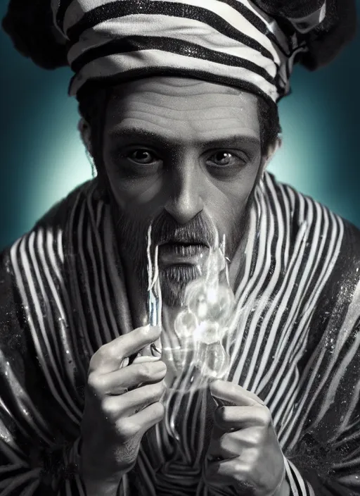 Image similar to an anthropomorphic beautiful male wizard portrait blowing bubbles wearing stripes robe, fine art, award winning, intricate, elegant, sharp focus, octane render, hyperrealistic, cinematic lighting, highly detailed, digital painting, 8 k concept art, art by jamie hewlett and z. w. gu, masterpiece, trending on artstation, 8 k