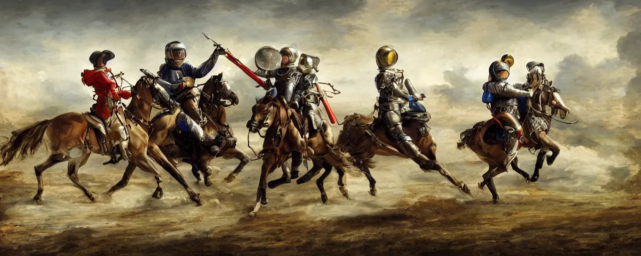 Prompt: two astronauts jousting on horseback, wide shot, digital art, romantic medievalism, extremely high detail, cinematic lighting