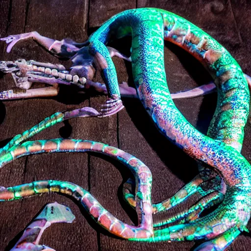 Image similar to stop motion bipedal halloween eel snake skeleton fantasy mermaid with a fish bone body, on a spray painted cardboard dock with a hand painted night sky full of led glittery stars, adorable, side profile, macro camera lens