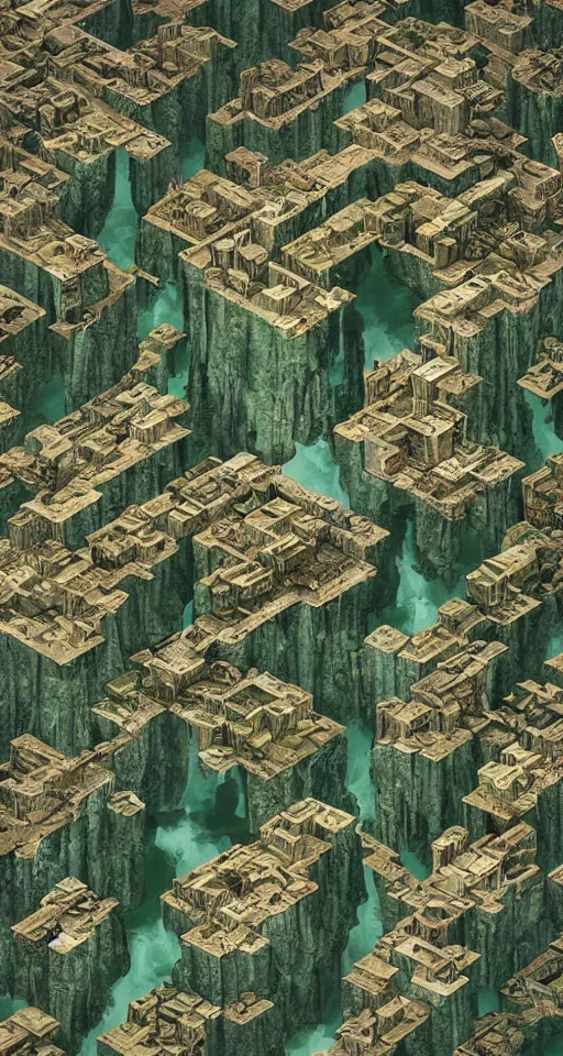 Image similar to an aerial view of a postapocalyptic world that nature has reclaimed, in the style of MC Escher