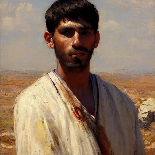 Prompt: Solomon Joseph Solomon and Richard Schmid and Jeremy Lipking Middle eastern genre painting portrait painting of a 17 year old handsome Mediterranean skinned man in colorful ancient Canaanite tunic, field background