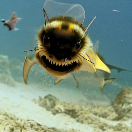 Prompt: action photo of bee as shark, from nature journal, 1 / 1 0 0 0 sec shutter, action photo