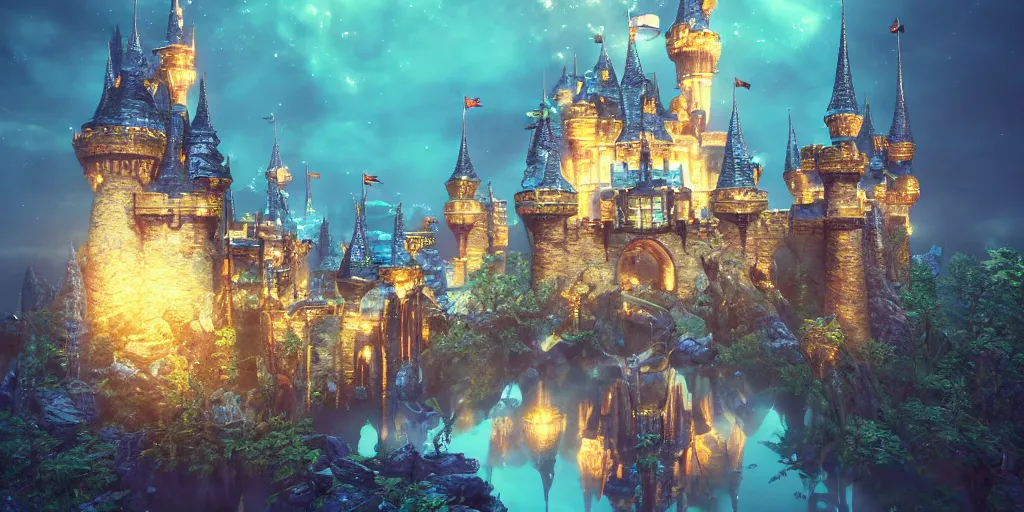 Image similar to a glittering fantasy castle at night, extremely detailed, Behrens style, unreal 5 render, fantasy digital art, octane render, beautiful composition, trending on artstation, award-winning photograph, masterpiece