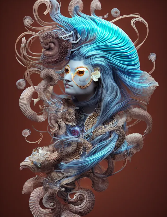 Image similar to 3 d goddess nautilus half - turn portrait with long hair with ram skull. beautiful intricately detailed japanese crow kitsune mask and clasical japanese kimono. betta fish, jellyfish phoenix, bio luminescent, plasma, ice, water, wind, creature, artwork by tooth wu and wlop and beeple and greg rutkowski