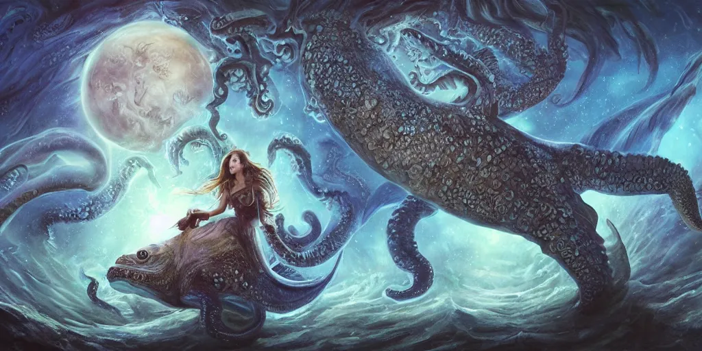 Image similar to Fantasy fairytale style portrait painting, Great Leviathan Turtle, cephalopod, Cthulhu Squid, hybrid, Mythic Island, center Universe, accompany Cory Chase, Blake Lively, Anya_Taylor-Joy, Grace Moretz, Halle Berry, Mystical Valkyrie, Anubis-Reptilian, Atlantean Warrior, hybrid, intense fantasy atmospheric lighting, digital oil painting, hyperrealistic, François Boucher, Michael Cheval, Oil Painting, Cozy, hot springs hidden Cave, candlelight, natural light, lush plants and flowers, Spectacular Mountains, bright clouds, luminous stellar sky, outer worlds, michael whelan, William-Adolphe Bouguereau, Jessica Rossier, HD,