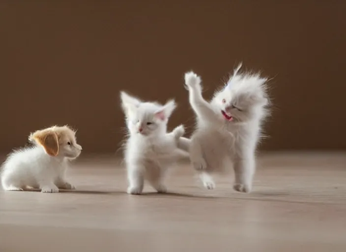 Prompt: A very cute tiny golden retriever puppy and a very tiny and cute white kitten dancing, artstation, r/aww
