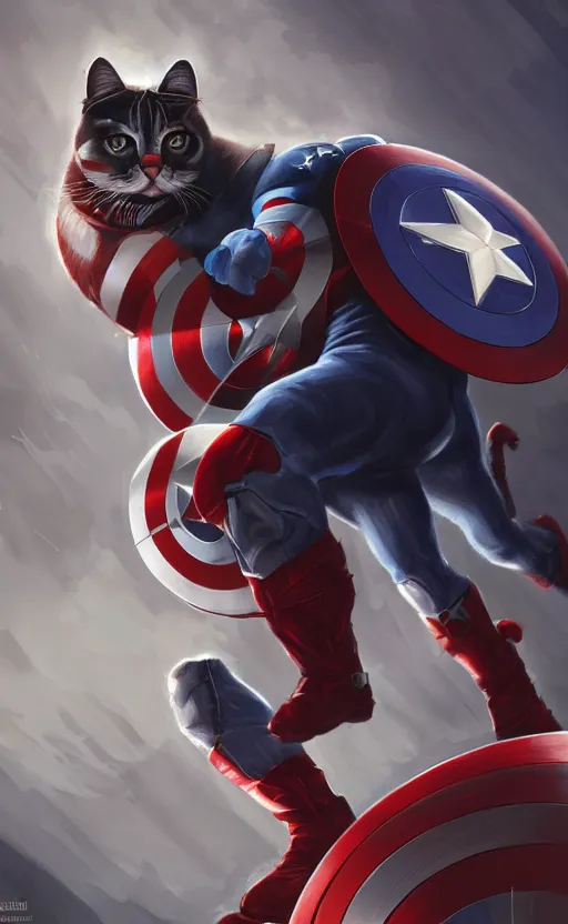 Image similar to cat as captain america, dynamic lighting, cinematic, ultra detailed, trending on art station, stunning visuals, creative, fantasy concept art