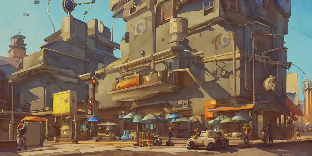 Image similar to overwatch building, stylized, exterior, architecture, in watercolor gouache detailed paintings, insanely detail, artstation, 8 k, futuristic, big medium small, arcane, simon stalenhag, food stall, interesting shapes & form, golden ratio