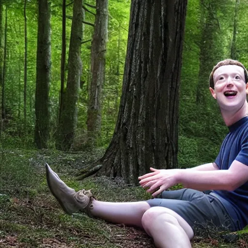 Prompt: Mark Zuckerberg catching flies with his tongue in the forest, photo