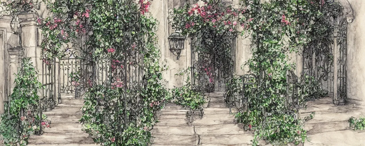 Image similar to courtyard walkway, night castle, stairway, chairs, wrought iron, gate, tree, delicate, botanic garden, garden road, botanical herbarium paper, watercolor colored painting, iridescent colors, 8 k, realistic shaded, fine details, artstation, italian style, colonnade, huge flower