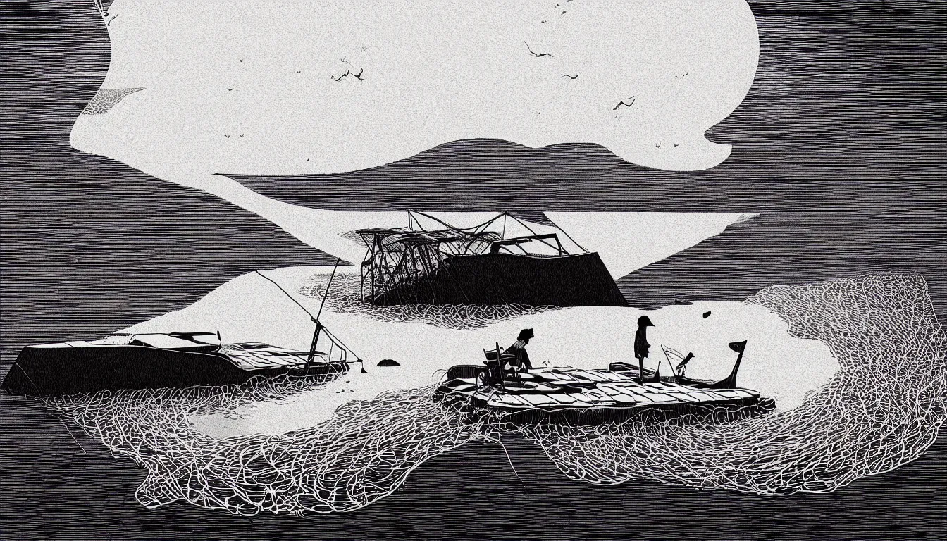 Image similar to river raft on a lake by nicolas delort, moebius, victo ngai, josan gonzalez, kilian eng