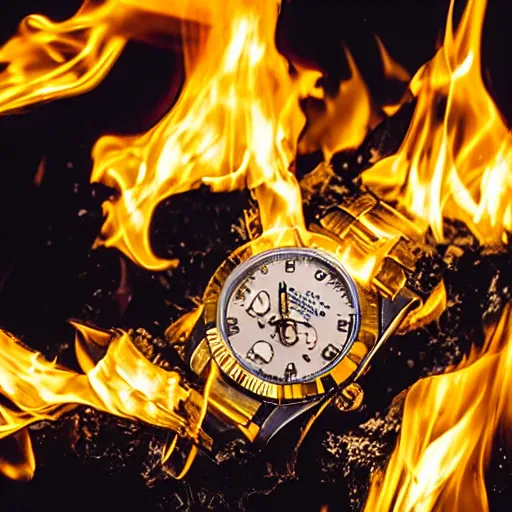 Image similar to a gold rolex engulfed in flames, film photo