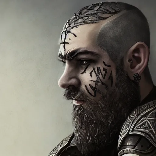 Prompt: a d & d portrait of an armored gray - skinned goliath with face tattoos, sides of head shaved with black ponytail, black beard, art by deiv calviz, splash art, natural light, fantasy, atmospheric lighting, by greg rutkowski, hd wallpaper, ultra high details, cinematic composition, professional unique masterpiece