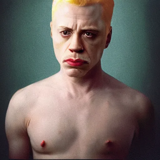 Prompt: realistic expired kodak film portrait of albino robert downey junior mix, hyperrealism, photorealistic, detailed, atmospheric, 8 k, award winning photography, cinematic