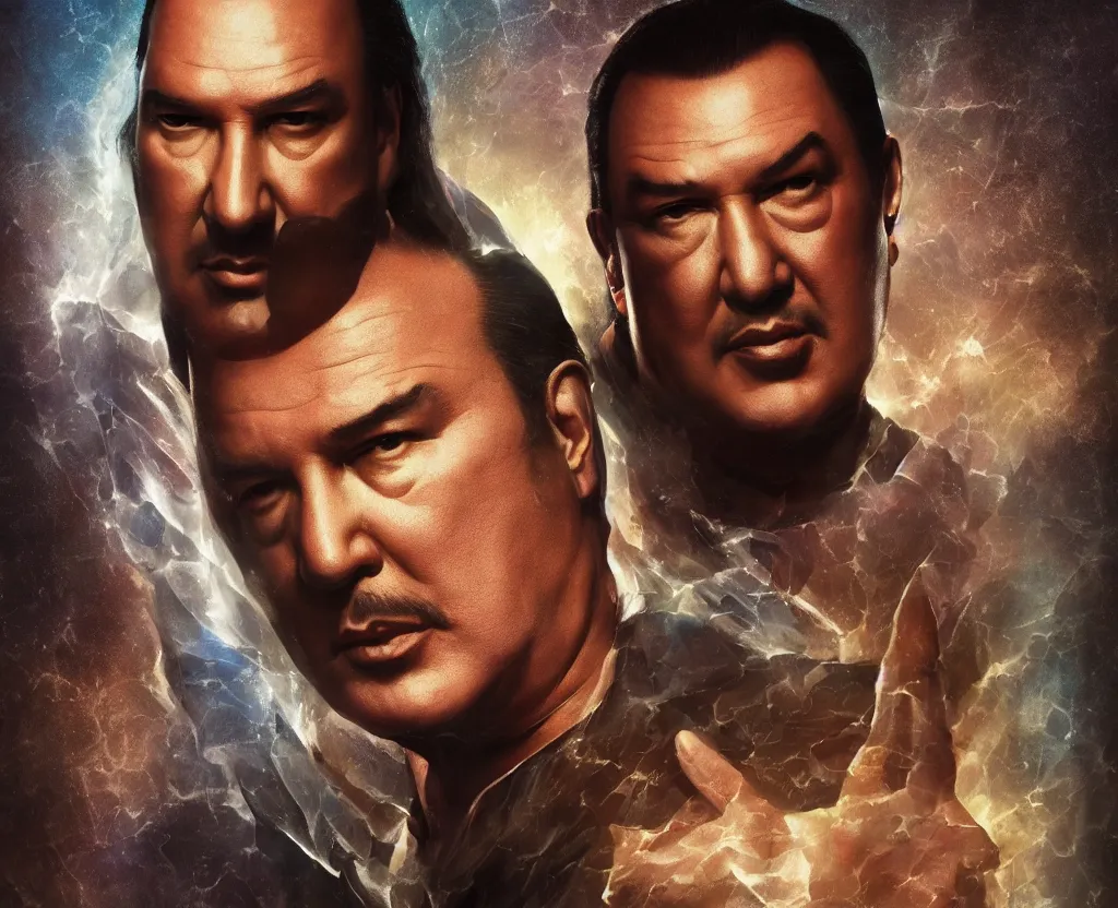 Image similar to dramatic portrait of Steven Seagal from above the law, bloomed lighting, angelic, futuristic, beautiful colors, slightly golden, very sharp likeness, very detailed, chopping hands, electrical details, cinematic lighting high details, 4k, 8k, trending on artstation, ultra-realism