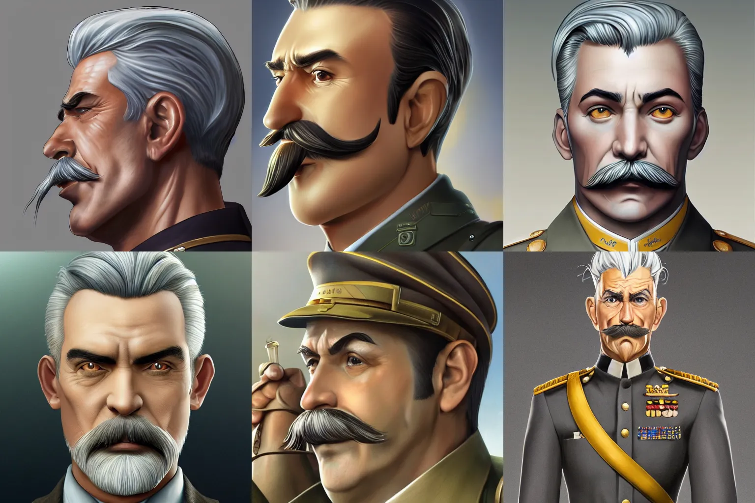 Prompt: closeup upper body artwork of a field colonel with slicked back grey hair and trimmed mustache, anime key visual, incredibly detailed, D&D, finished concept art, digital art by Vladimir Kush, trending on Artstation
