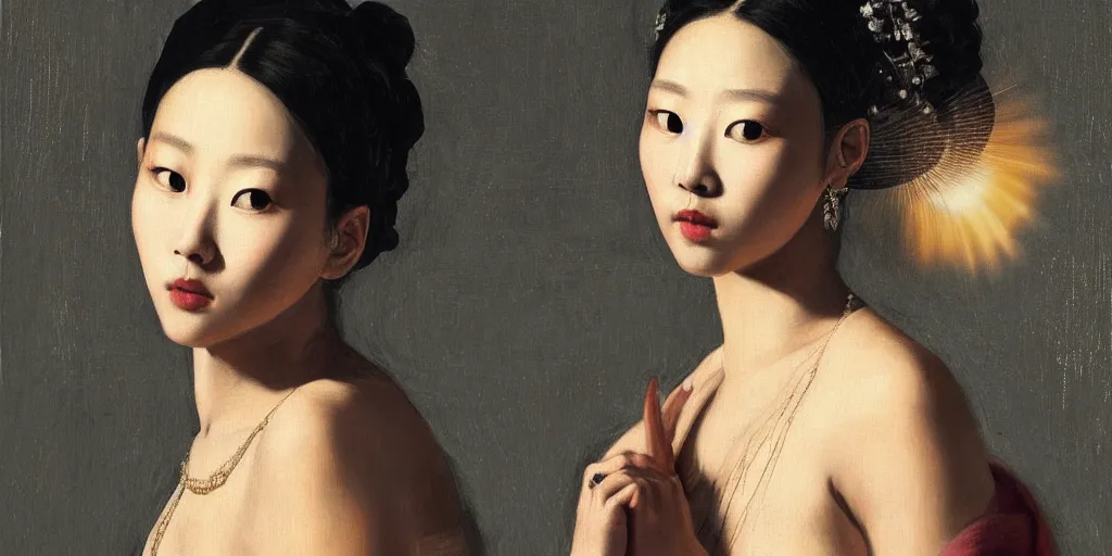 Image similar to a portrait of Kim Ji-soo as a very beautiful goddess with halo behind her head, seductively looking in front, beautiful aesthetic face, in the style of Caravaggio and Vermeer, realistic, dark, dramatic lighting