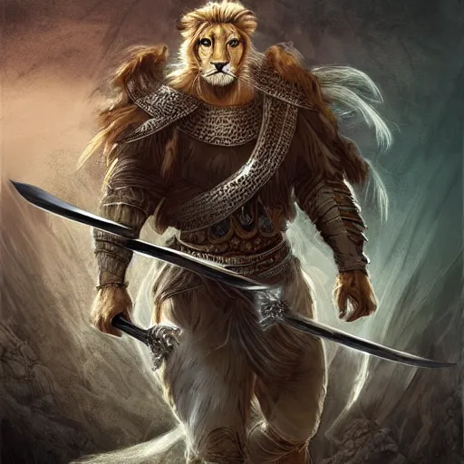Image similar to fantasy book about a medieval lion warrior fighting with a sword, digital art, detailed, realistic, artstation