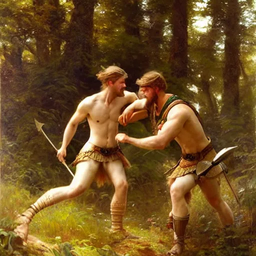 Image similar to 2 attractive male vikings frolicking in the forest. highly detailed painting by gaston bussiere, craig mullins, j. c. leyendecker, 8 k