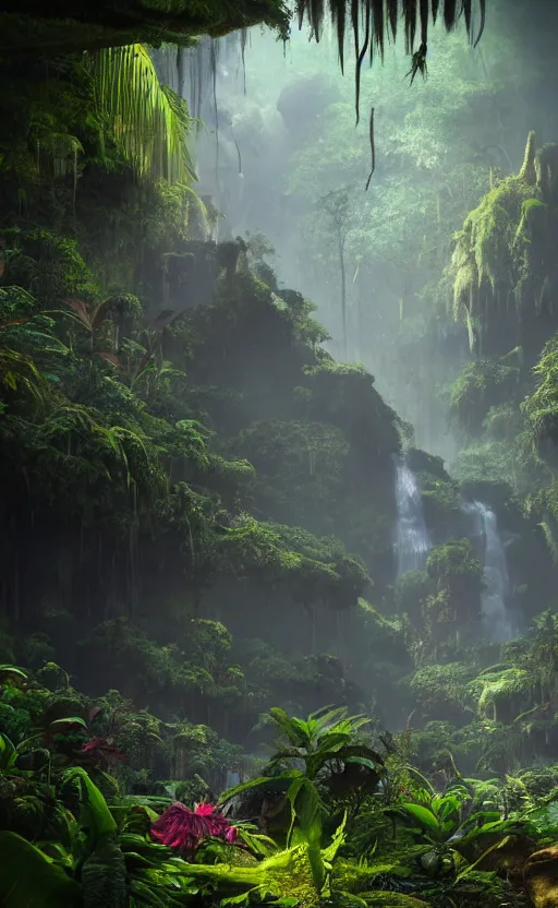 Image similar to a beautiful render of a dark prehistoric rainforest in a humongous cave, lush flora, patches of magenta sky,, sunset, floating mountains and a waterfall in the background, intricate detail, hazy, humid, volumetric lighting, 8 k, photorealistic, raytracing effects, unreal engine 5