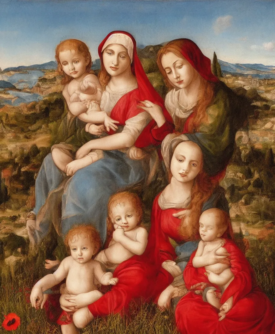 Image similar to Detailed Portrait of Madonna, with infant Jesus and another boy playin in front of her in the style of Raffael. Red hair. They are sitting in a dried out meadow near in Tuscany, red poppy in the field. On the horizon there is a blue lake with a town and blue mountains. Flat perspective.