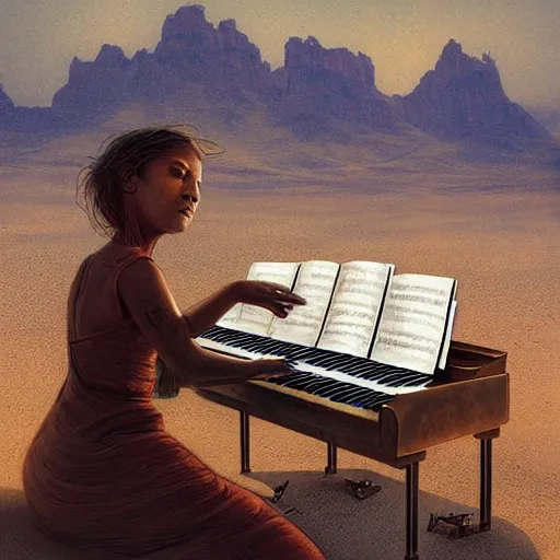 Prompt: UHD photorealistic Mummy playing piano in the desert by Greg Rutkowski