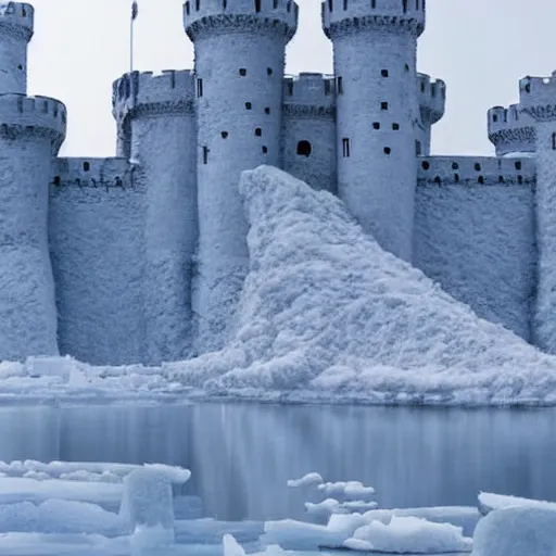 Image similar to A castle made entirely of ice, with snow-capped towers and a frozen moat