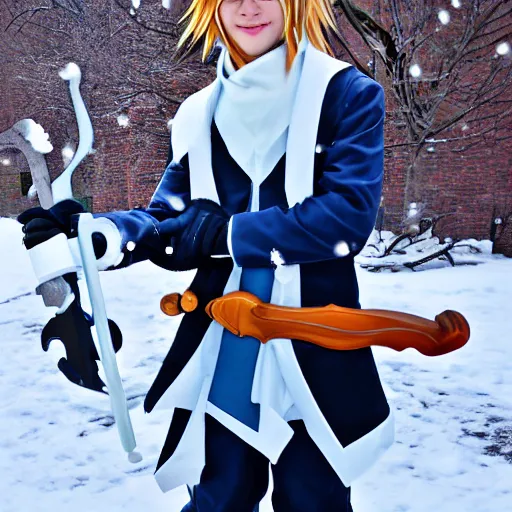 Prompt: of sora cosplay holding keyblade with snow background