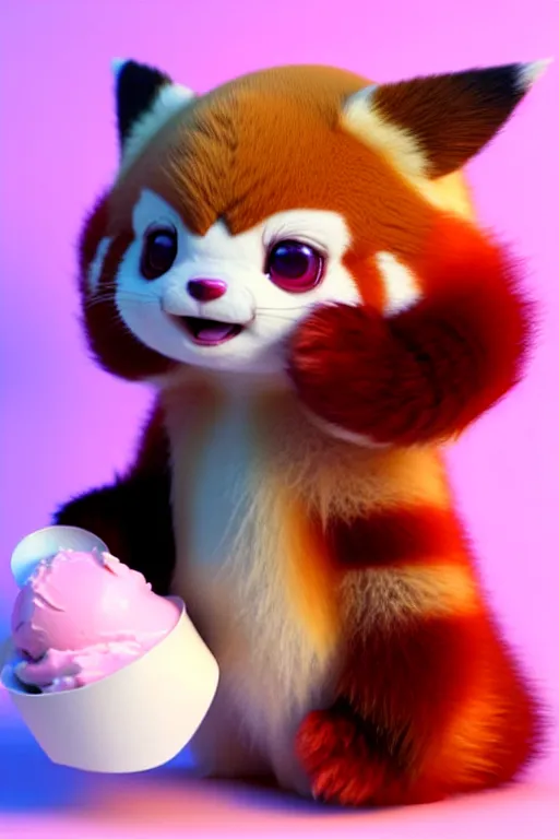 Image similar to high quality 3 d render hyperrealist very cute pastel fluffy! red panda & tarsier hybrid eating giant ice cream full body, vray smooth, in the style of detective pikachu, hannah yata charlie immer, dramatic pink light, low angle, uhd 8 k, sharp focus
