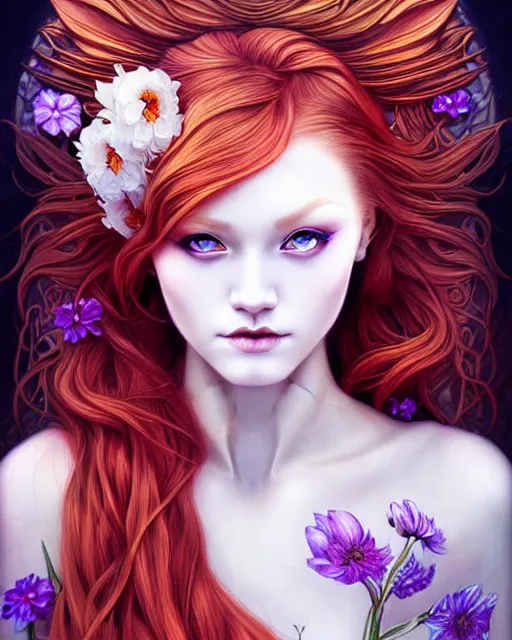 Prompt: Beautiful, evil and playful ethereal ginger portrait, art nouveau, fantasy, intricate flower designs, elegant, highly detailed, sharp focus, art by Artgerm and Carne griffith and WLOP